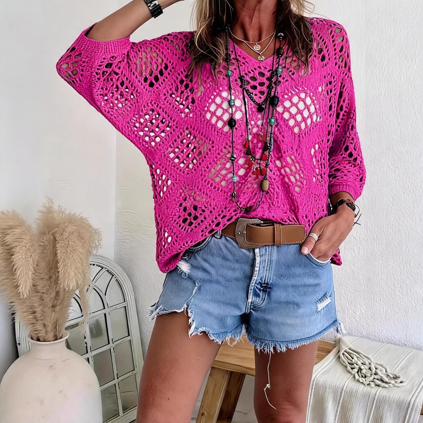 Blusa CityBreeze™ em Tricô Vazado e Modelagem Solta