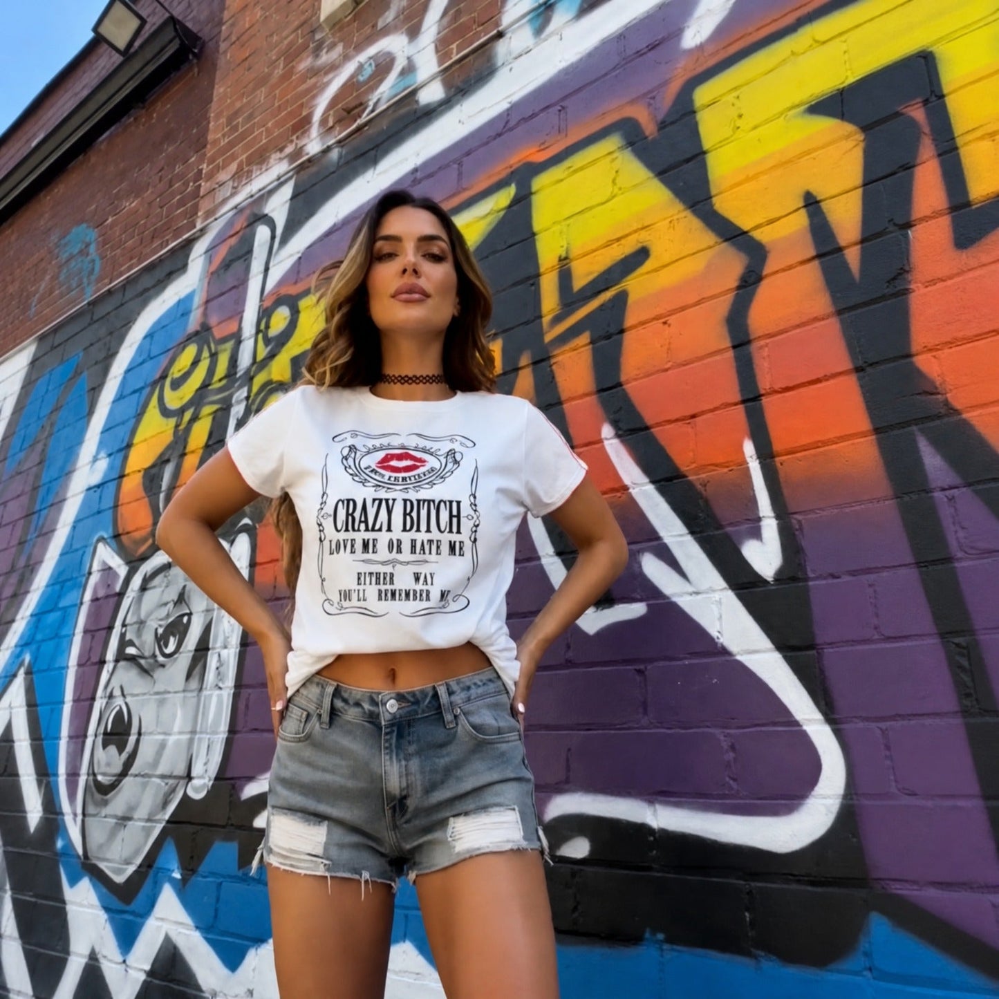 Camiseta Skye™ Manga Curta com Estampa Frontal Estilo Vintage