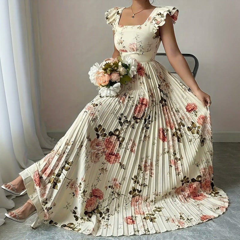 Vestido Evangeline™ com Estampa Floral Clássica e Plissados Refinados