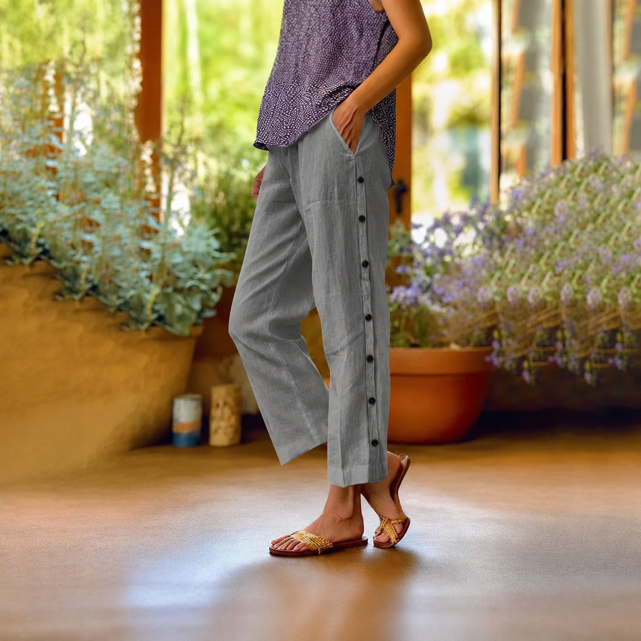 Calça Eloáh™ Cropped em Linho de Algodão com Botões Laterais Elegantes