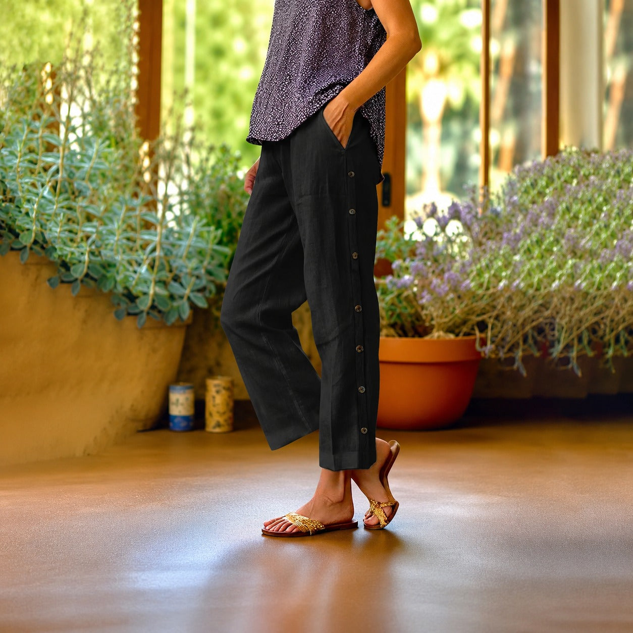 Calça Eloáh™ Cropped em Linho de Algodão com Botões Laterais Elegantes