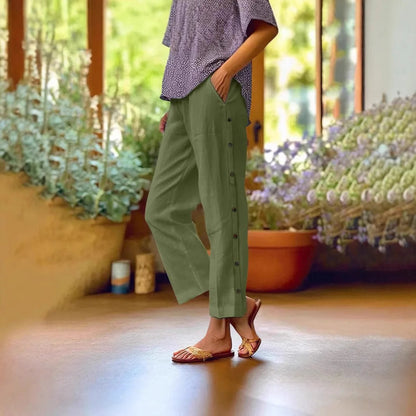 Calça Eloáh™ Cropped em Linho de Algodão com Botões Laterais Elegantes