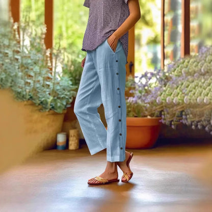 Calça Eloáh™ Cropped em Linho de Algodão com Botões Laterais Elegantes