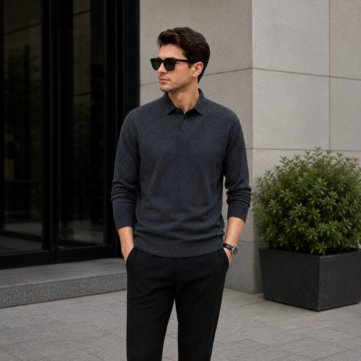 Suéter Lyon™ em Malha Texturizada Premium com Gola Polo Integrada