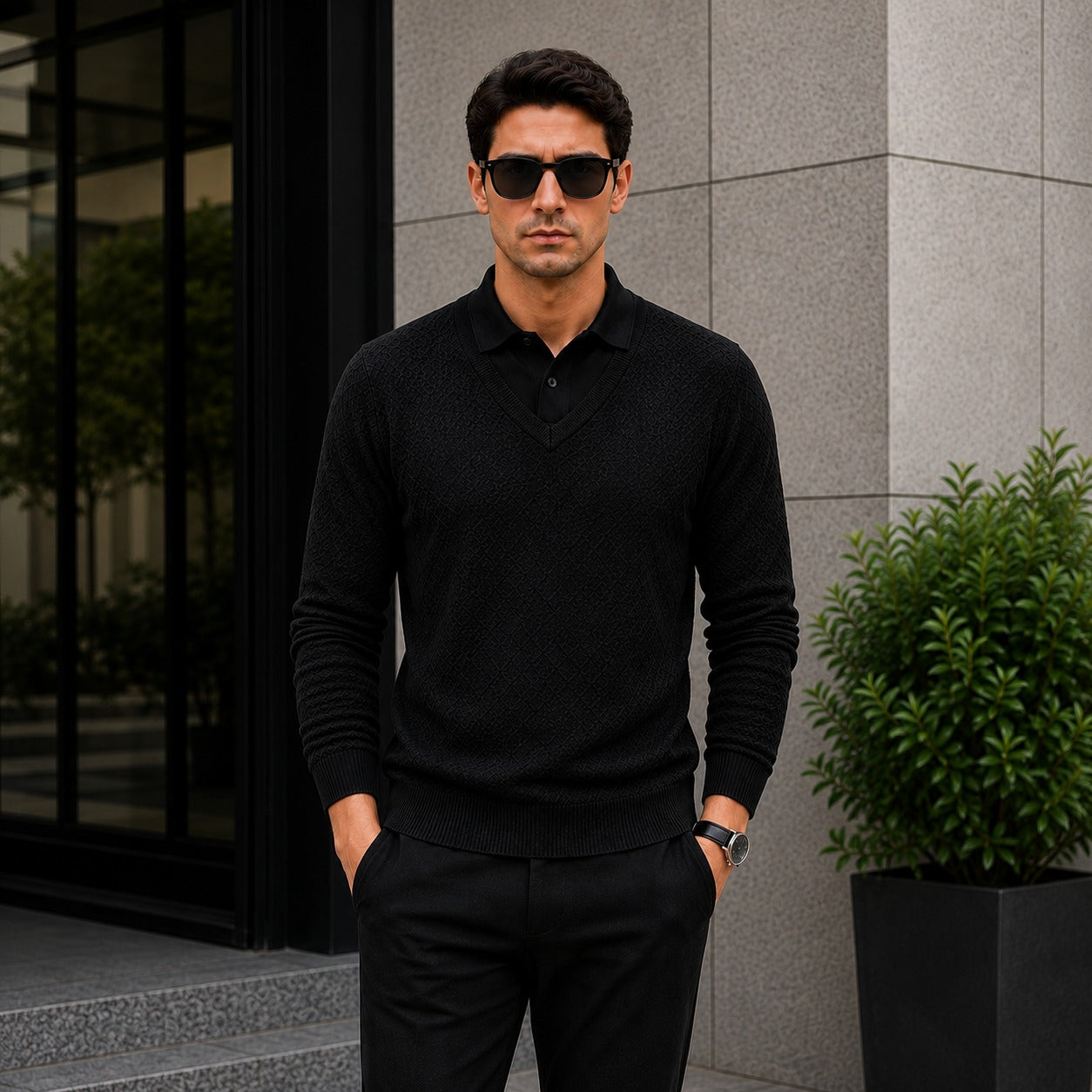 Suéter Lyon™ em Malha Texturizada Premium com Gola Polo Integrada