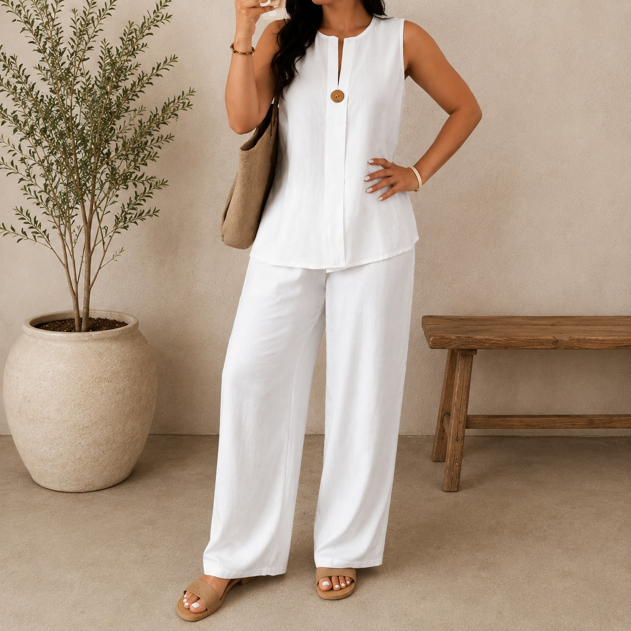 Conjunto Lucienne™ Blusa com Decote de Abertura Frontal e Calça Pantalona
