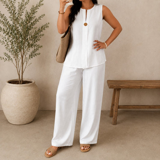 Conjunto Lucienne™ Blusa com Decote de Abertura Frontal e Calça Pantalona