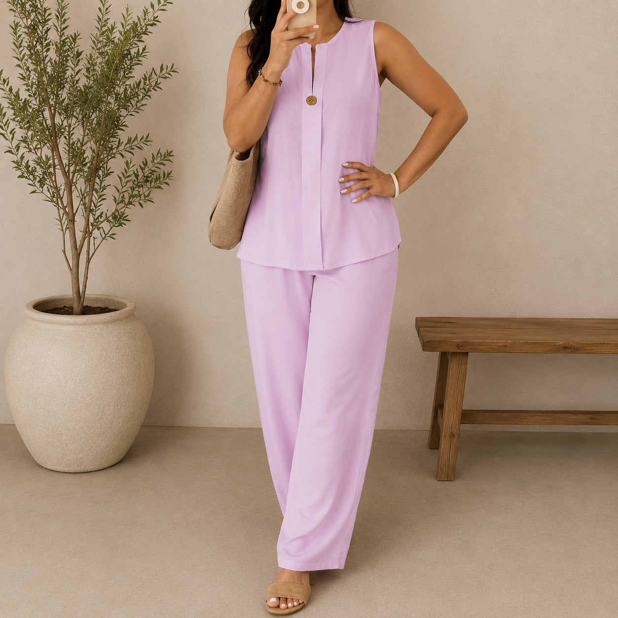 Conjunto Lucienne™ Blusa com Decote de Abertura Frontal e Calça Pantalona