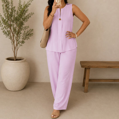 Conjunto Lucienne™ Blusa com Decote de Abertura Frontal e Calça Pantalona