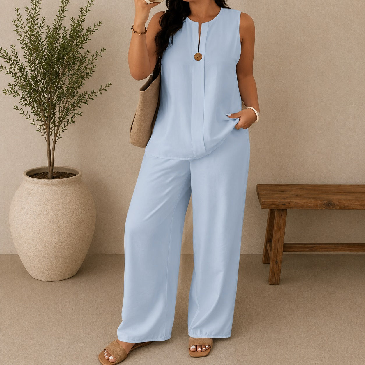 Conjunto Lucienne™ Blusa com Decote de Abertura Frontal e Calça Pantalona