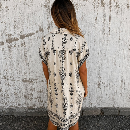 Vestido Chemise Zahara™ em Linho de Algodão com Estampa Boho