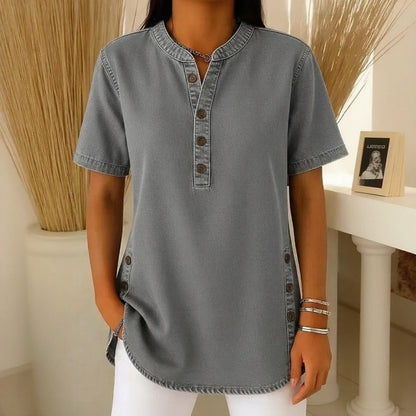 Blusa Jeans Calenny™ Com Acabamento Estonado e Caimento Soltinho