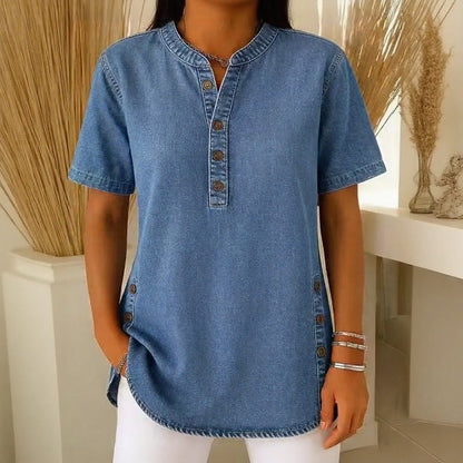 Blusa Jeans Calenny™ Com Acabamento Estonado e Caimento Soltinho