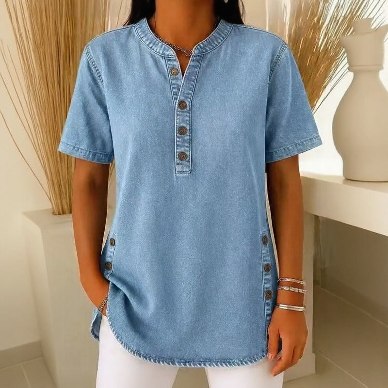 Blusa Jeans Calenny™ Com Acabamento Estonado e Caimento Soltinho
