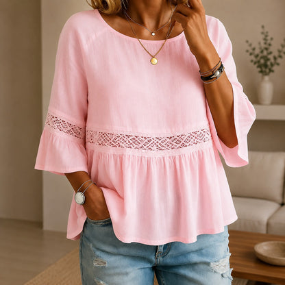 Blusinha Aitana™ em Linho de Algodao com Rendas delicadas e Mangas Evasê