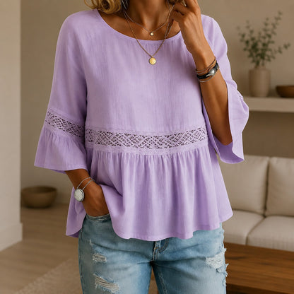 Blusinha Aitana™ em Linho de Algodao com Rendas delicadas e Mangas Evasê