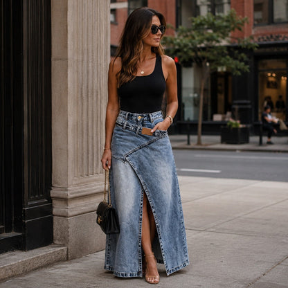 Saia Jeans Siena™ com Silhueta Alongada e Design Moderno