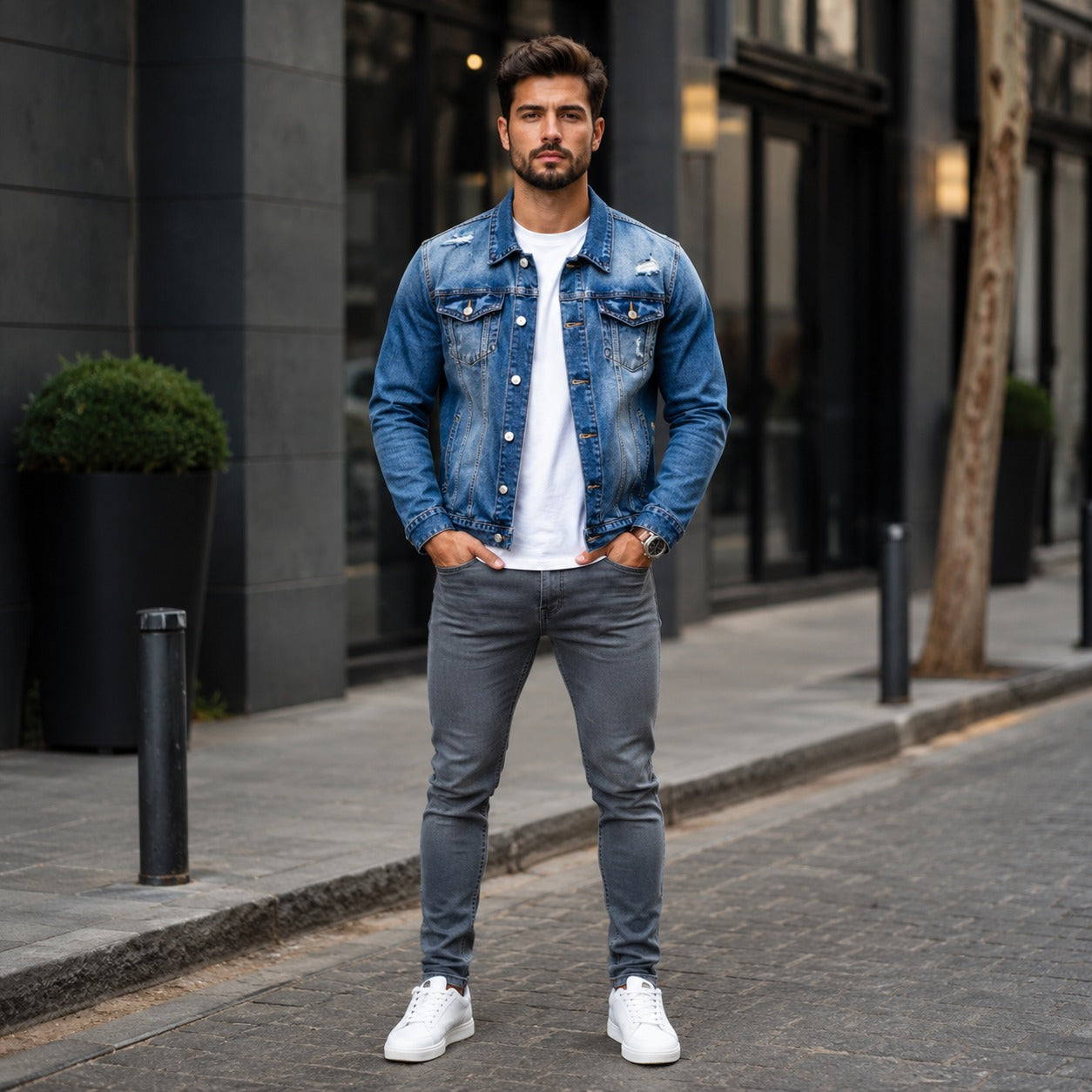 Jaqueta Jeans Logan™ com Lavagem Estonada Premium e Rasgos Decorativos
