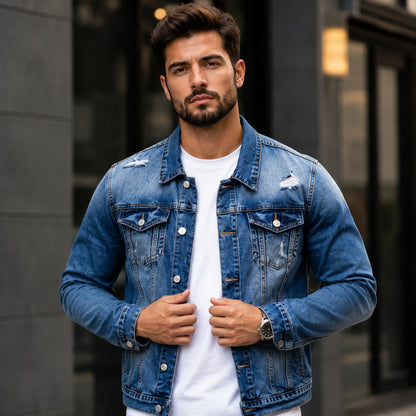 Jaqueta Jeans Logan™ com Lavagem Estonada Premium e Rasgos Decorativos