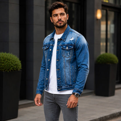 Jaqueta Jeans Logan™ com Lavagem Estonada Premium e Rasgos Decorativos