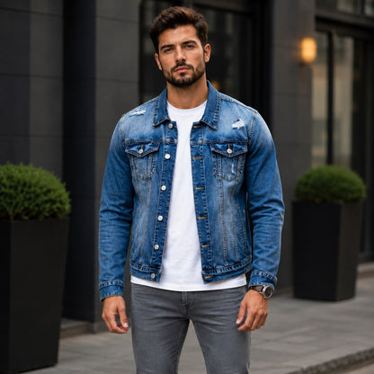 Jaqueta Jeans Logan™ com Lavagem Estonada Premium e Rasgos Decorativos