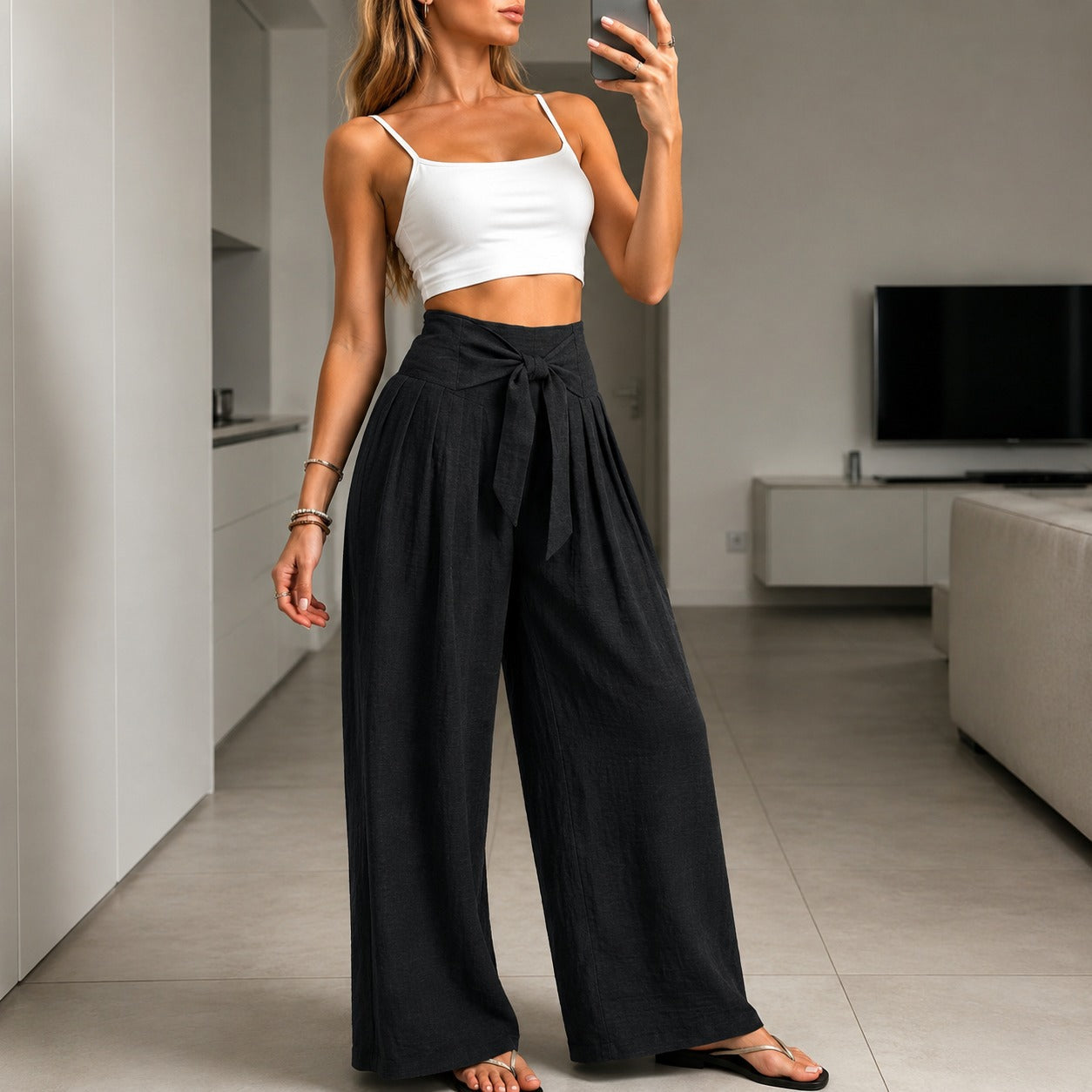 Calça Arielle™ com Faixa Ajustável Elegante e Cós Estruturado