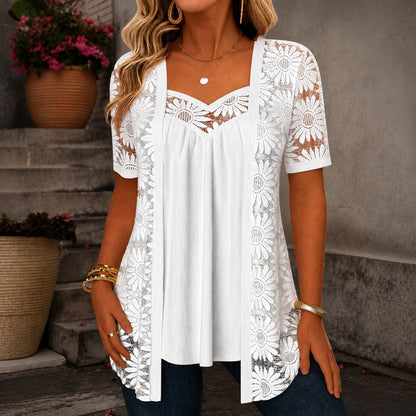 Blusinha Nadia™ em Linho Misto com Design Sobreposto Rendado