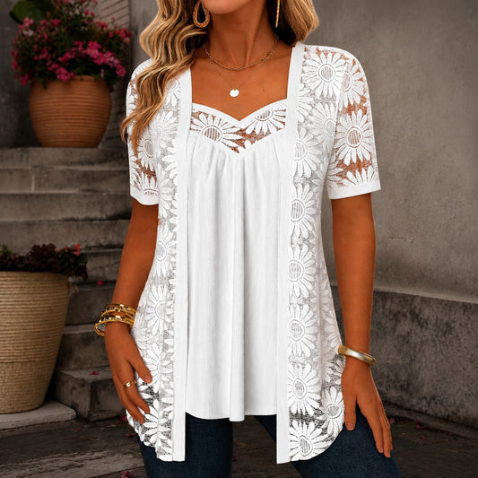 Blusinha Nadia™ em Linho Misto com Design Sobreposto Rendado
