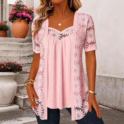 Blusinha Nadia™ em Linho Misto com Design Sobreposto Rendado