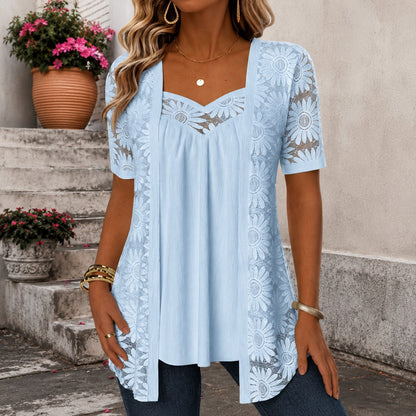 Blusinha Nadia™ em Linho Misto com Design Sobreposto Rendado