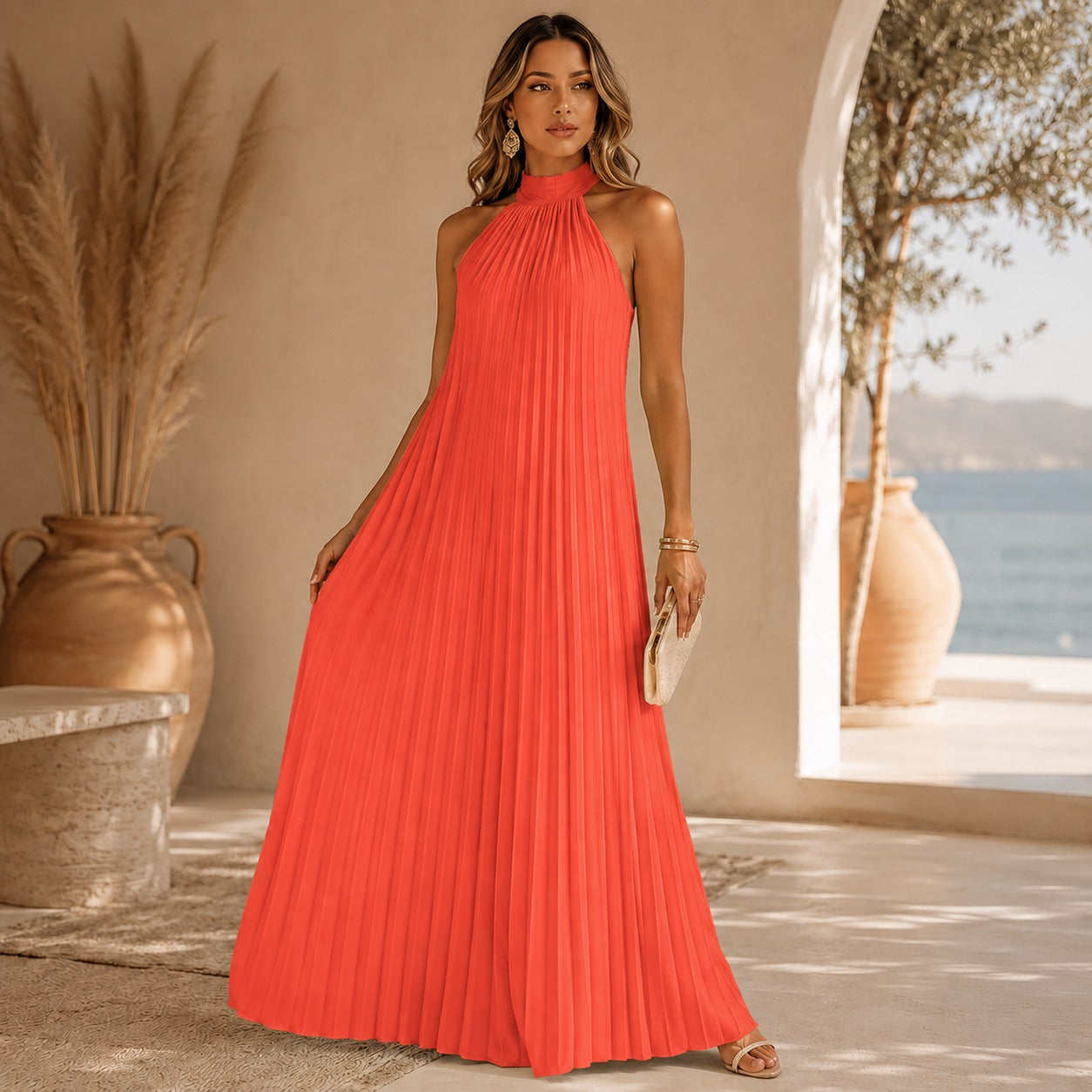 Vestido Longo Sicília™ com Plissado Sofisticado e Caimento que Não Marca o Corpo