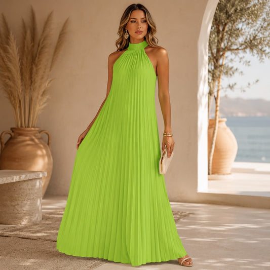 Vestido Longo Sicília™ com Plissado Sofisticado e Caimento que Não Marca o Corpo