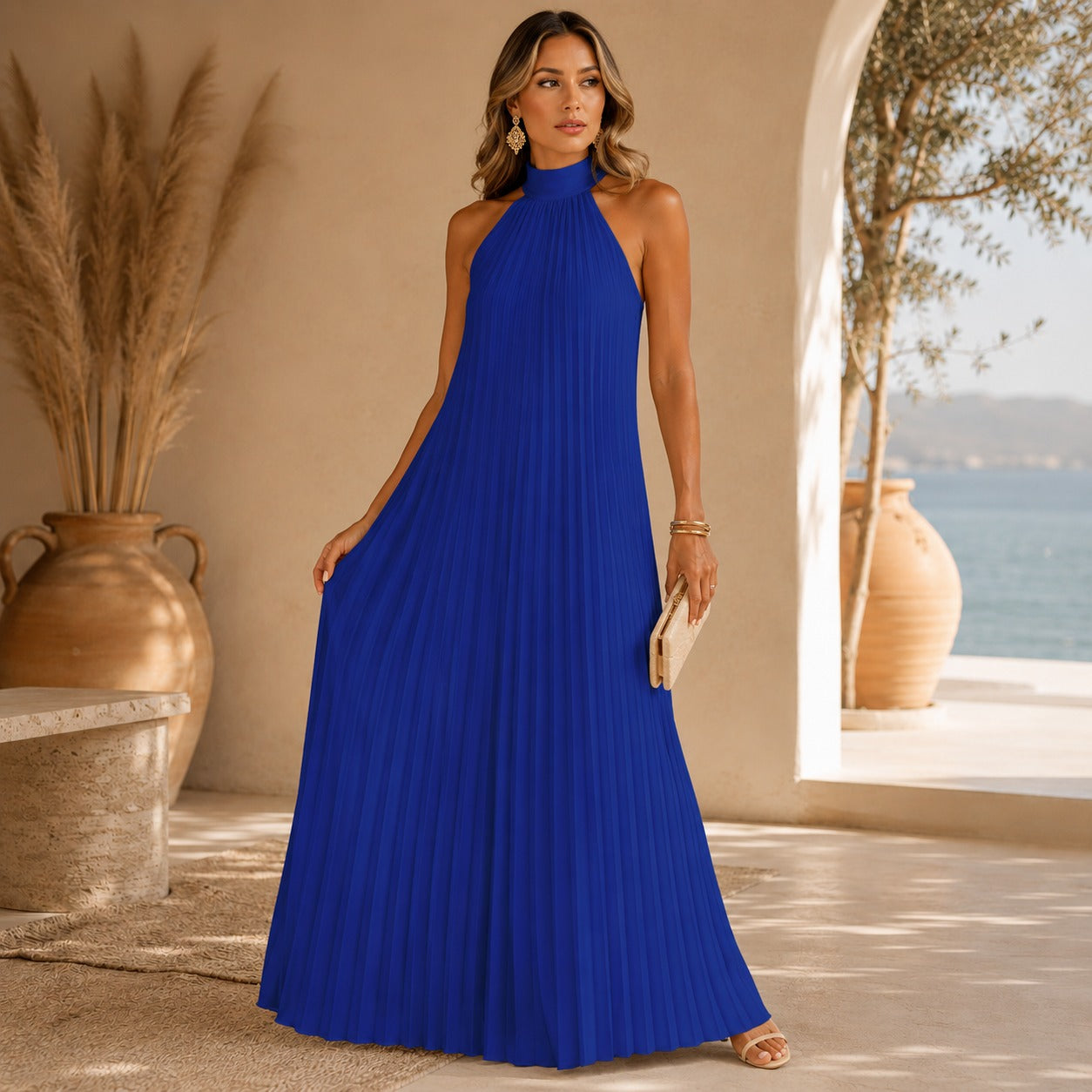 Vestido Longo Sicília™ com Plissado Sofisticado e Caimento que Não Marca o Corpo
