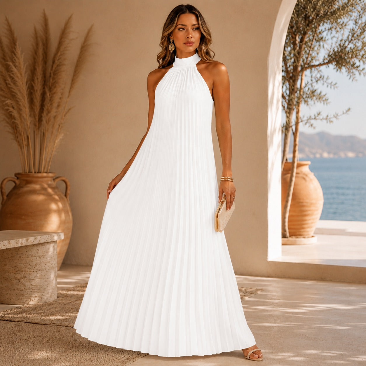 Vestido Longo Sicília™ com Plissado Sofisticado e Caimento que Não Marca o Corpo