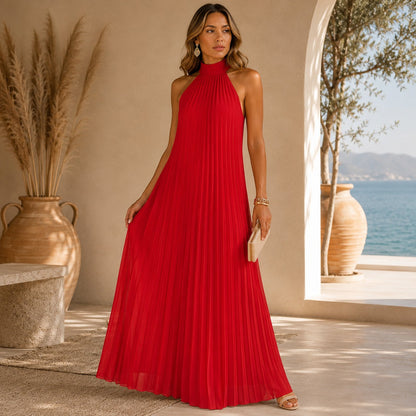 Vestido Longo Sicília™ com Plissado Sofisticado e Caimento que Não Marca o Corpo