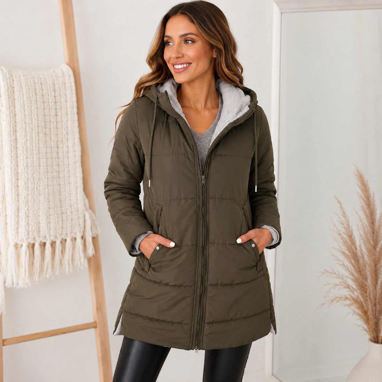 Casaco Lorenne™ com Comprimento Alongado e Capuz Forrado / Conforto Prático Para O Inverno!