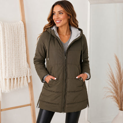 Casaco Lorenne™ com Comprimento Alongado e Capuz Forrado / Conforto Prático Para O Inverno!