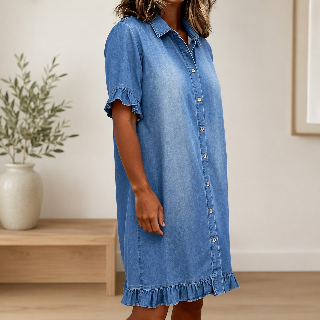 Vestido Mariette™ em Jeans com Gola Camisa e Mangas Curtas com Babados