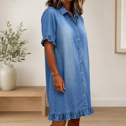 Vestido Mariette™ em Jeans com Gola Camisa e Mangas Curtas com Babados