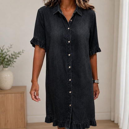 Vestido Mariette™ em Jeans com Gola Camisa e Mangas Curtas com Babados