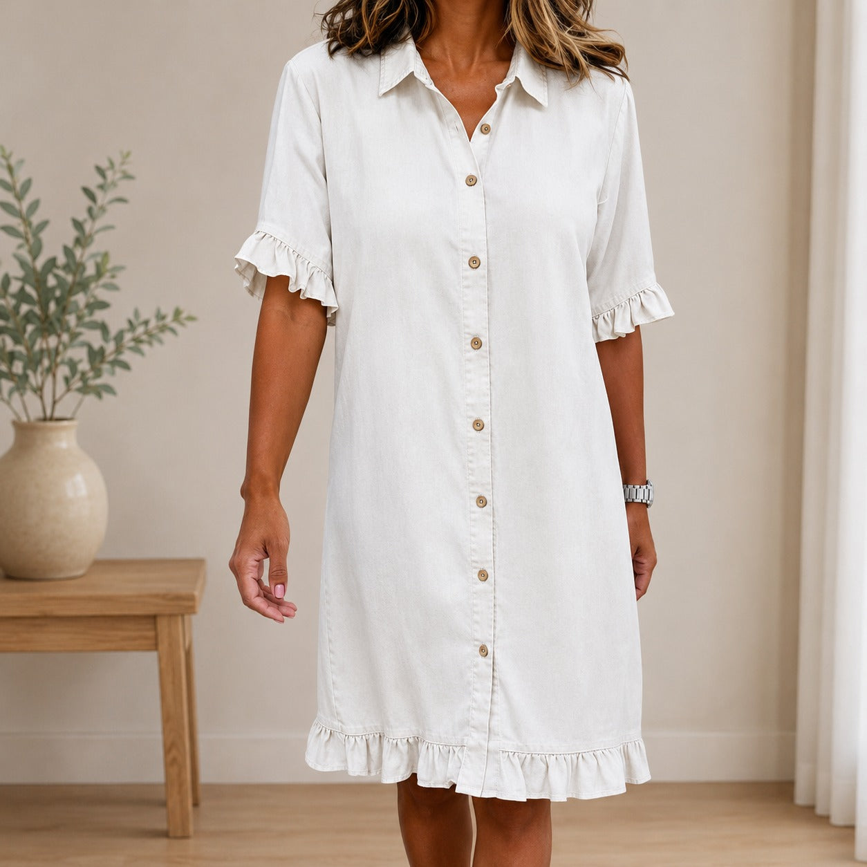 Vestido Mariette™ em Jeans com Gola Camisa e Mangas Curtas com Babados