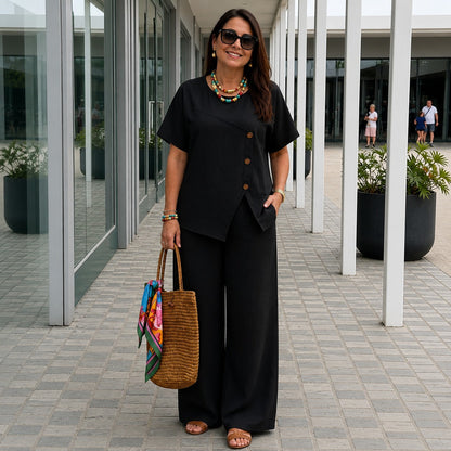Conjunto Savena™ em Linho de Algodão com Blusa Assimétrica e Pantalona Fluida