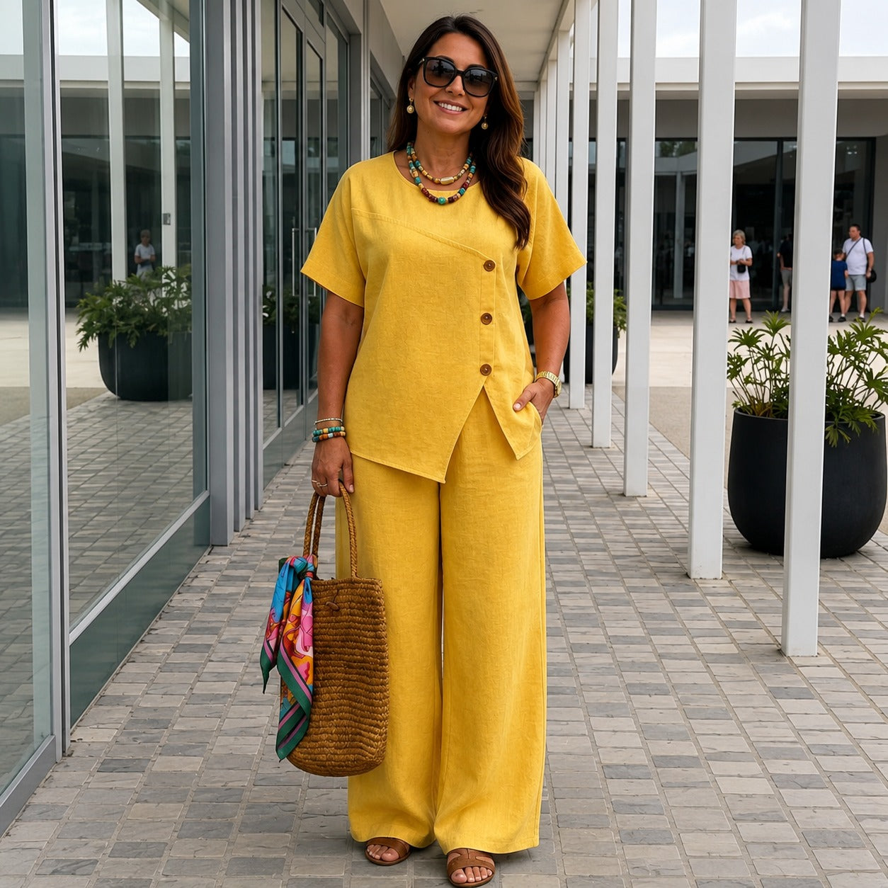 Conjunto Savena™ em Linho de Algodão com Blusa Assimétrica e Pantalona Fluida