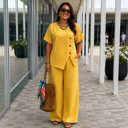 Conjunto Savena™ em Linho de Algodão com Blusa Assimétrica e Pantalona Fluida