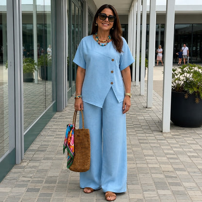 Conjunto Savena™ em Linho de Algodão com Blusa Assimétrica e Pantalona Fluida