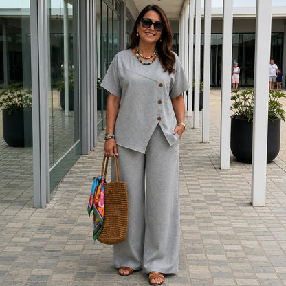Conjunto Savena™ em Linho de Algodão com Blusa Assimétrica e Pantalona Fluida