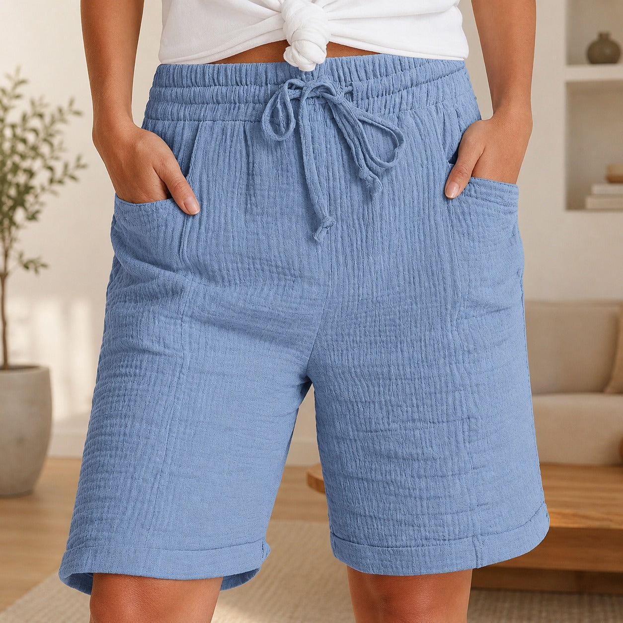 Shorts Estela™ em Algodão Plissado com Cintura Alta / Conforto Leve Para Os Dias Quentes