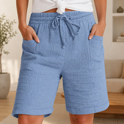 Shorts Estela™ em Algodão Plissado com Cintura Alta / Conforto Leve Para Os Dias Quentes