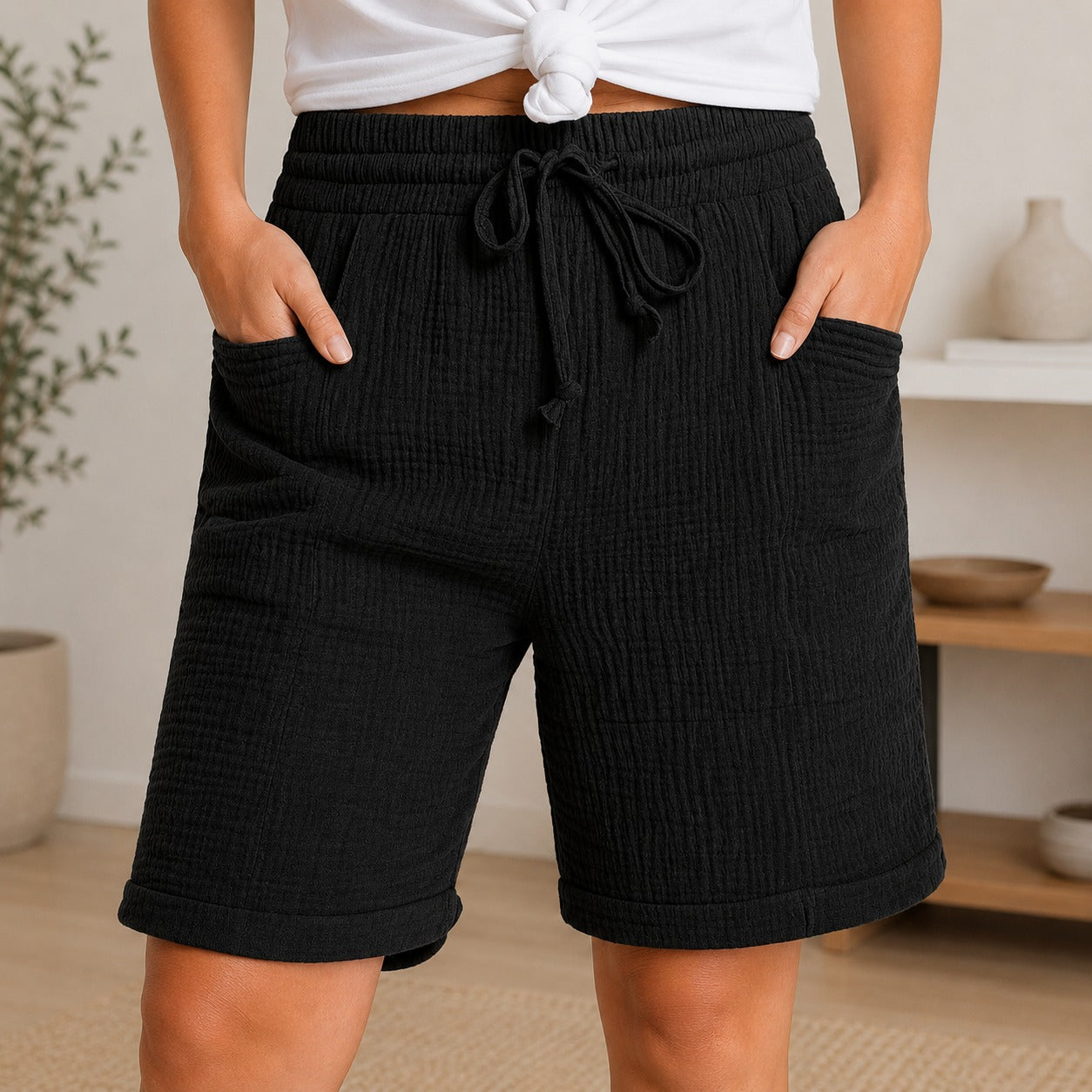 Shorts Estela™ em Algodão Plissado com Cintura Alta / Conforto Leve Para Os Dias Quentes