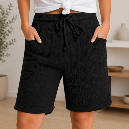 Shorts Estela™ em Algodão Plissado com Cintura Alta / Conforto Leve Para Os Dias Quentes
